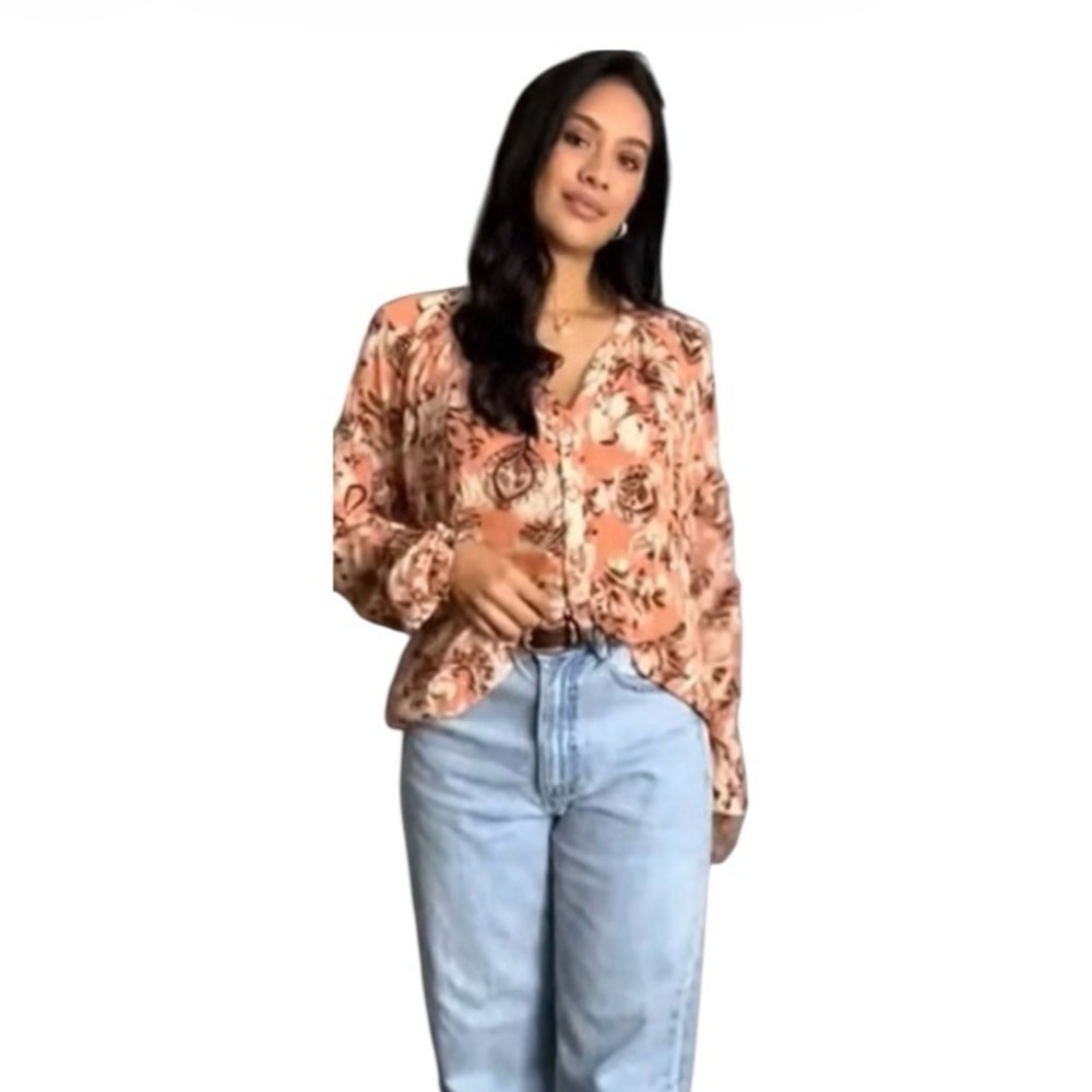 FRYE Boho Blouse Button Front Mandarin Collar Elastic Cuffs Sz S